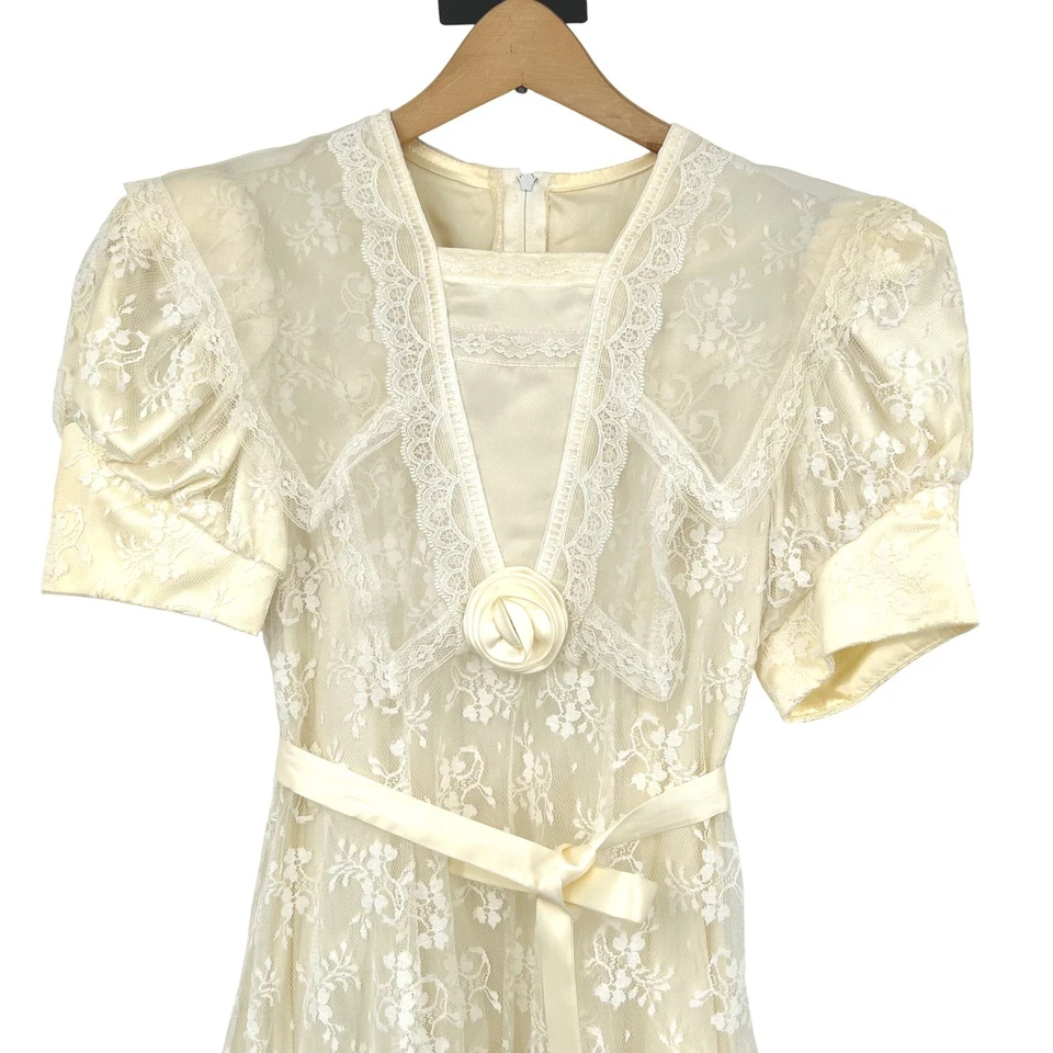 Vestido De Colección Jessica McClintock Marfil Encaje Talla 8 Manga Abullonada Lazo Satinado EE. UU. Foto 2 de 4