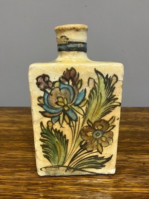 Antique Iznik Bottle Flask Persian Turkish Glazed Pottery Floral Bottle