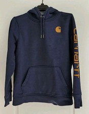 Carhartt Womens Relaxed Fit Midweight Logo Sleeve Hoodie Sweatshirt Navy Size L