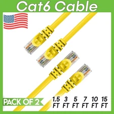2 x Cat 6 Patch Cord Yellow Cat6 Cable Ethernet RJ45 Connectors Internet Wire