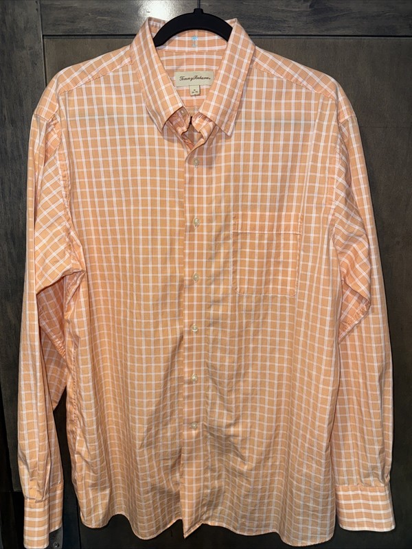 Tommy Bahama Men's Button Dress Shirt Plaid Orange White Sz L 16 (34-35) Spring!