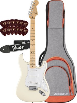 Fender Standard Stratocaster E-Gitarre Olympic White Set Gigbag Gurt Plektren