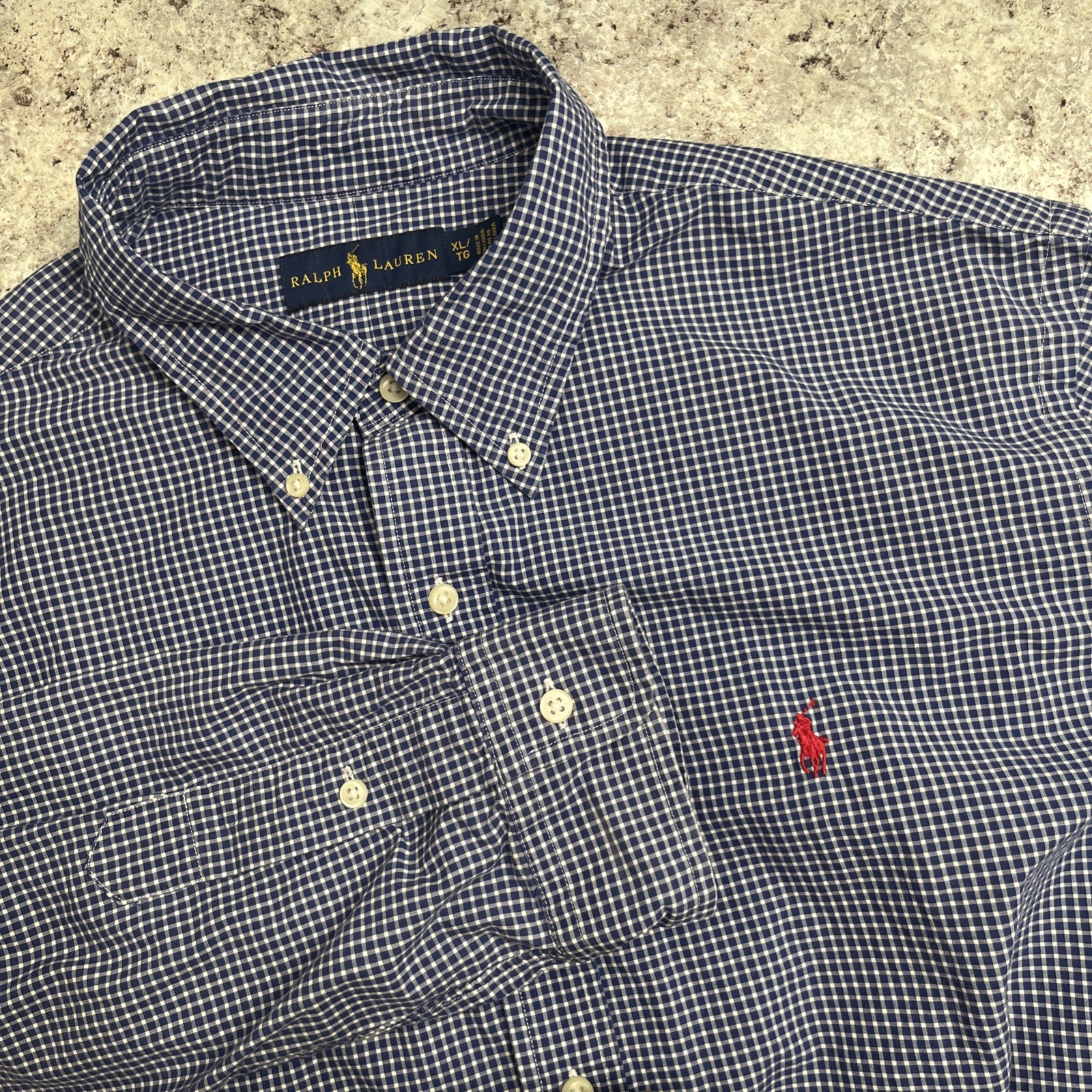 Polo Ralph Lauren camicia uomo XL blu check bottoni manica lunga pony preppy