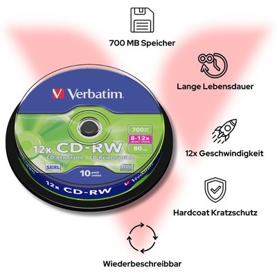 Verbatim CD-RW 700MB 10er Spindel 12x beschreibbare Rohlinge langlebige Audio