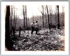 Vtg B&W Snapshot Man Woman Standing in Woods Forest Trees Outdoors 1960s
