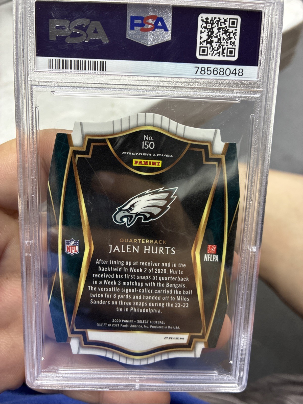Jalen Hurts 2020 Panini Select #150 Light Blue Prizm Die Cut RC PSA 9 view 4