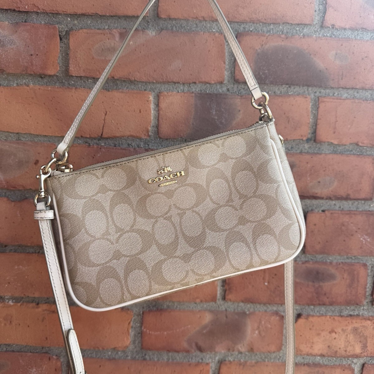 Coach F58321 Signature Top Handle Pouch Crossbody Bag Beige Ivory