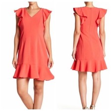 Eliza J, V-Neck Ruffle Sleeve Flutter Hem Dress, Coral, Size 12 NWT