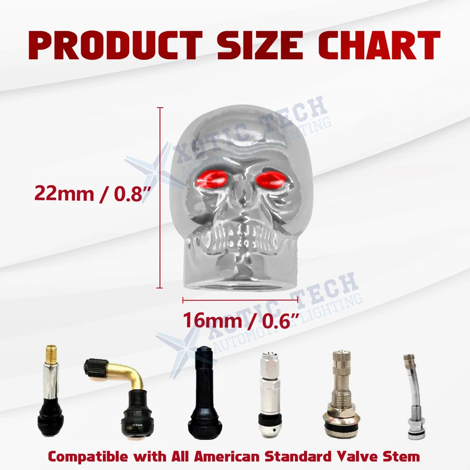 Cars Tires Valve Stem Caps Cover Dustproof Cool Skull Head Fit Most Vehicle Set - Image 4 of 4