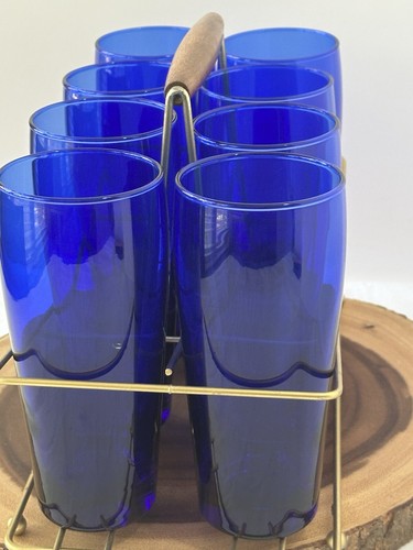 Vintage 1960’s 8 Glass Carrier With 8 Cobalt Blue Highball Glasses MCM - 第 1/15 張圖片