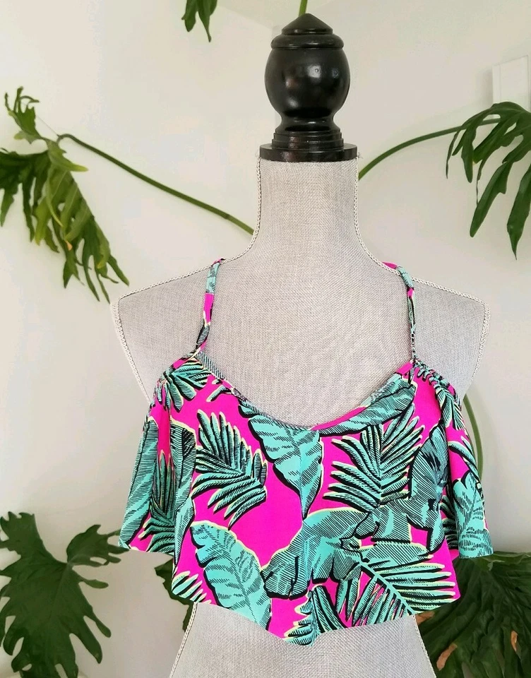 LA Hearts Women's Bright Floral Print Bandeau Bikini Top w Ruffle Bust Flouncy M - Image 2 of 4