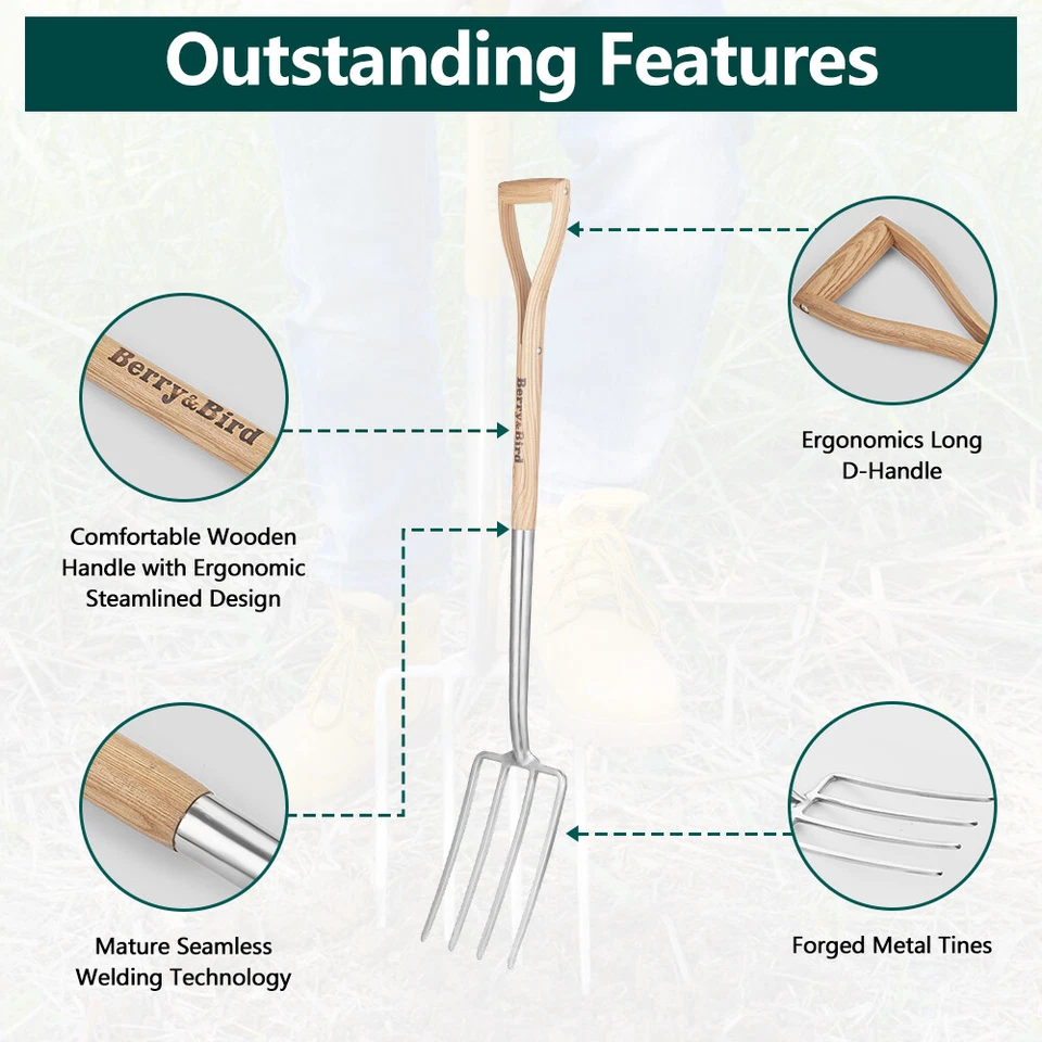 Berry&Bird Gardening Digging Fork 4-Tine Heavy Duty Spading Pitchfork 41'' Fork - Image 3 of 4