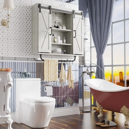 Wood Wall Storage Cabinet Rustic Farmhouse Vintage Cabinet w/ Sliding Barn Door - Image 3 of 4