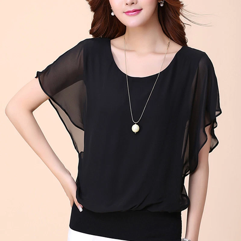 Womens Chiffon Short Sleeve Blouse T-Shirts Loose Batwing Solid Tops Summer New - Image 3 of 4