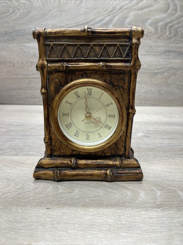 Bamboo Resin Mantle Clock Asian Style Bronzed Paint 7” Quartz