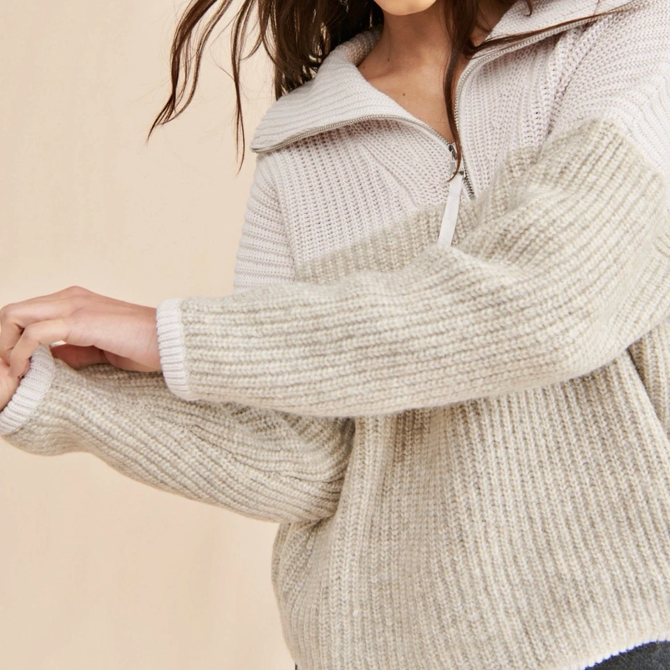 Suéter Pullover Varley Willard Cuarto Cremallera Bloques de Color Beige Neutro XS Foto 2 de 4
