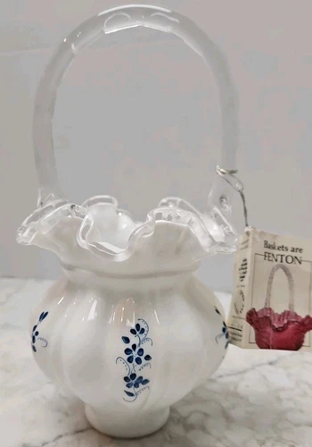Fenton Hand Blown Magnificent Melon Form Basket Hand painted & Signed