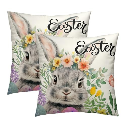 Happy Easter Throw Pillow Covers 18x18 18" x 18" (Pack of 2) Easter Bunny White