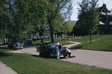 Guys Working on Car 1958 Tree Lined Street Red Border Kodachrome Color Slide