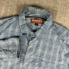 Simms Mens Large Long Sleeve Blue White Plaid Fishing Vented Western Camp