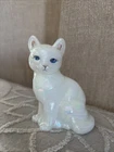 Vintage Fenton Opalescent Iridescent White Cat Figurine Signed