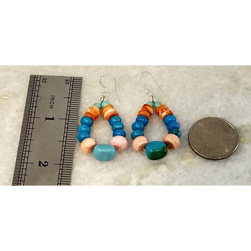 Navajo Genuine Spiny Oyster, Turquoise & Pink Conch Earrings Beaded - Gift Box - Picture 2 of 4