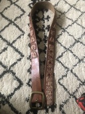 Lucky Brand Size 32  Belt Brown Leather Fabric Paisley Inlay VTG Brass Buckle