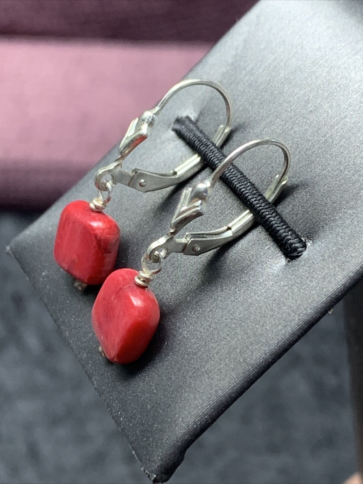 Vintage Red Sea Coral  Drop Dangle Sterling Silver 925 Pierced earrings