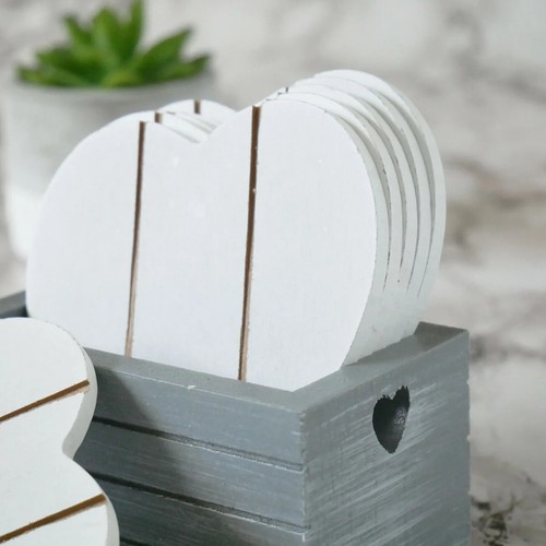 6pc Grey Wooden Heart Coasters & Holder Vintage Shabby Chic Rustic Coffee Cups - Picture 9 of 24