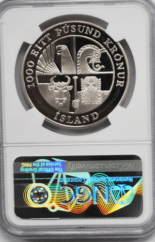 2000 Iceland 1000K Thousand Kronur Silver Leaf Ericson Commemorative NGC PF69UC - Picture 2 of 2