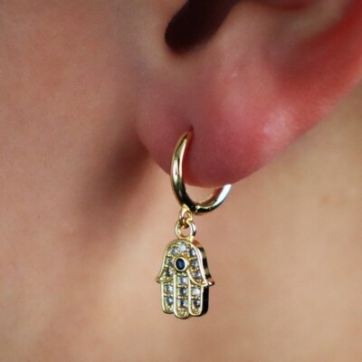 2Ct Round Lab Created Diamond Hamsa Hand Hoop Earrings 14k Yellow Gold Plated