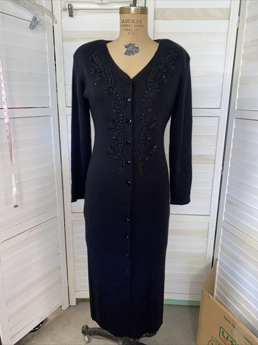 NOS Vintage 80s CAROLE LITTLE Beaded Knit Sweater Cocktail Dress Petite Medium - Picture 1 of 9