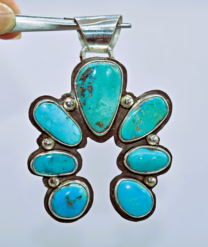 45 CT Royston Turquoise Sterling Silver Naja Pendant by Ryan Schoolfield 2-7/8" - Picture 11 of 15