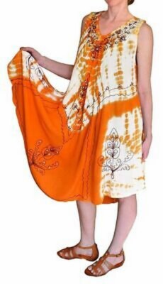 Peach Couture Flowing Tie Dye Embroidered Gem Cover Up Handkerchief Beach Dress (One Size, Orange Tie Dye)