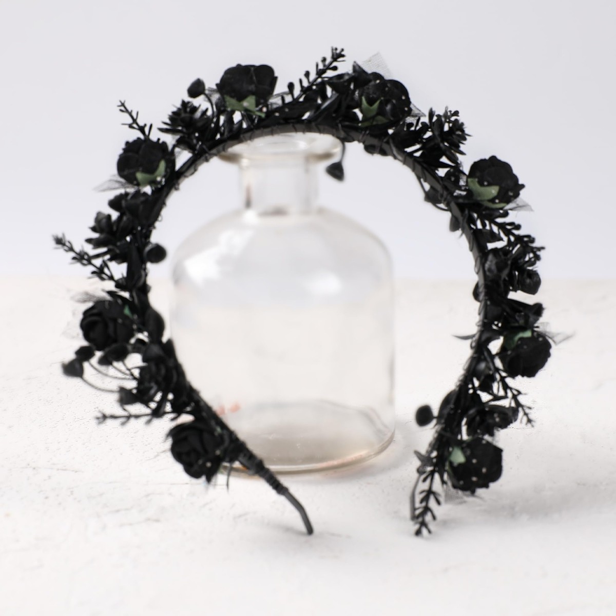 URBAN OUTFITTERS SATIN BLACK ROSETTE HEADBAND Elegant Black Floral Headband Black Roses Floral Day of the Dead Headband With Black Veil  main image 2