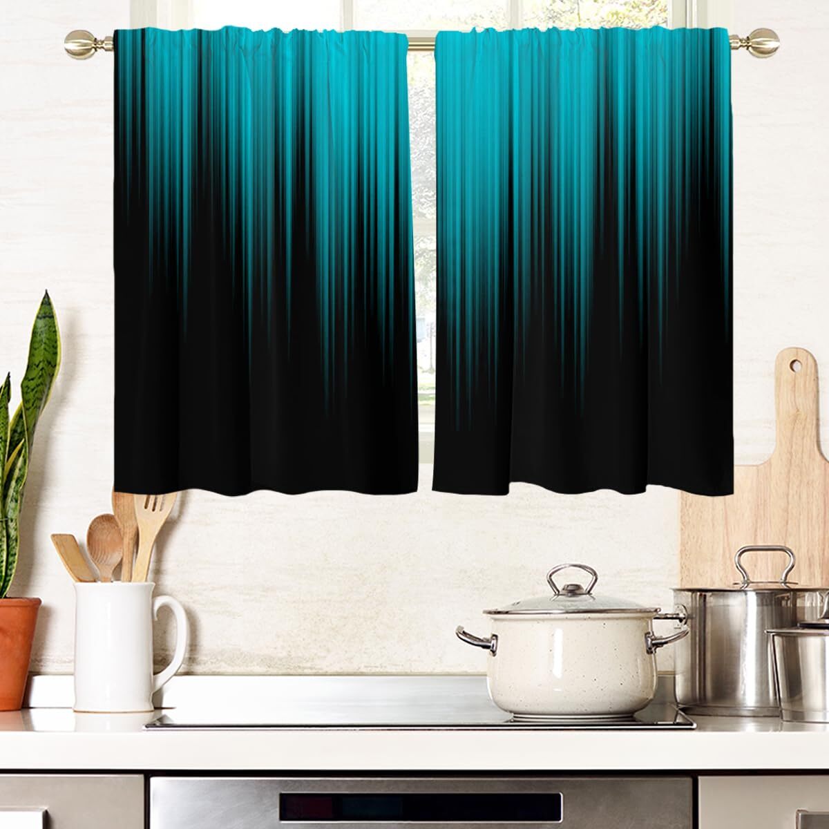 Teal and Black Abstract Modern Kitchen Window Curtains in Aqua Turquoise-image