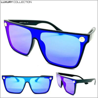 Mens or Women CLASSY ELEGANT Shield SUN GLASSES Black Frame Blue Iridescent Lens