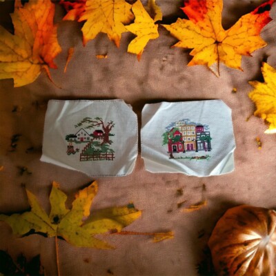 Vintage Completed Farm & Buildings Samplers Crossstitched Set of 2 Unframed 