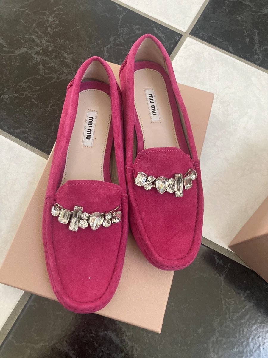 NIB 100 AUTH Miu Miu Swarovski Crystal Peonia Suede Leather Loafers Sz 39.5