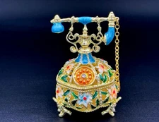 Vintage Enamel Telephone Trinket Box with Florals & Rhinestones Hinged Design