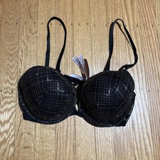 Victorias Secret 36C Black Gold Plaid Lace Push Up Underwired Bra