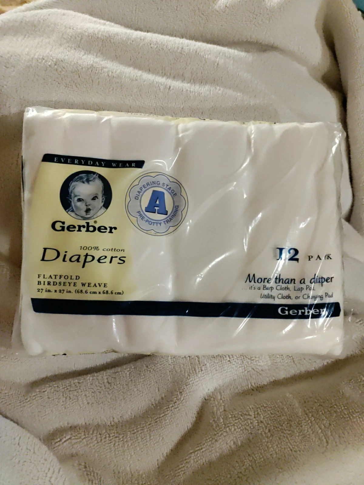 New GERBER 100% Cotton White Cloth Diapers 27” x 27” Flatfold Birdseye Weave 12