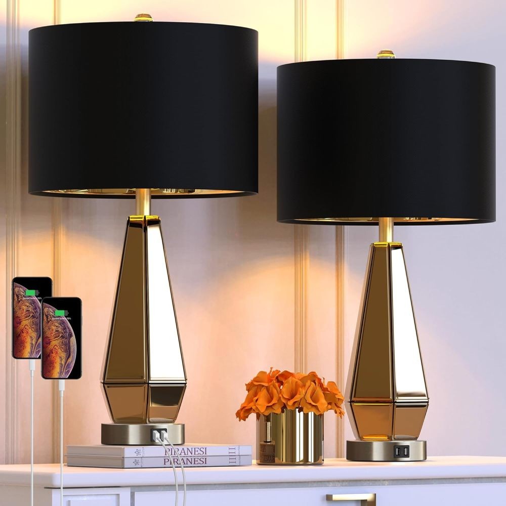 Set of 2 Mirrored Glass Bedside Table Lamps with 2 USB Ports for Bedrooms