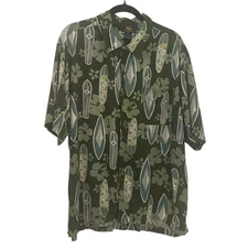 Route 66 Hawaiian Resort Shirt Surfboards Green Blue One Pocket Short Sleeve XL