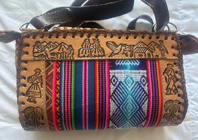 Ecuadorian Leather Woven Fabric Small Shoulder Bag Embossed Ecuador Patterns