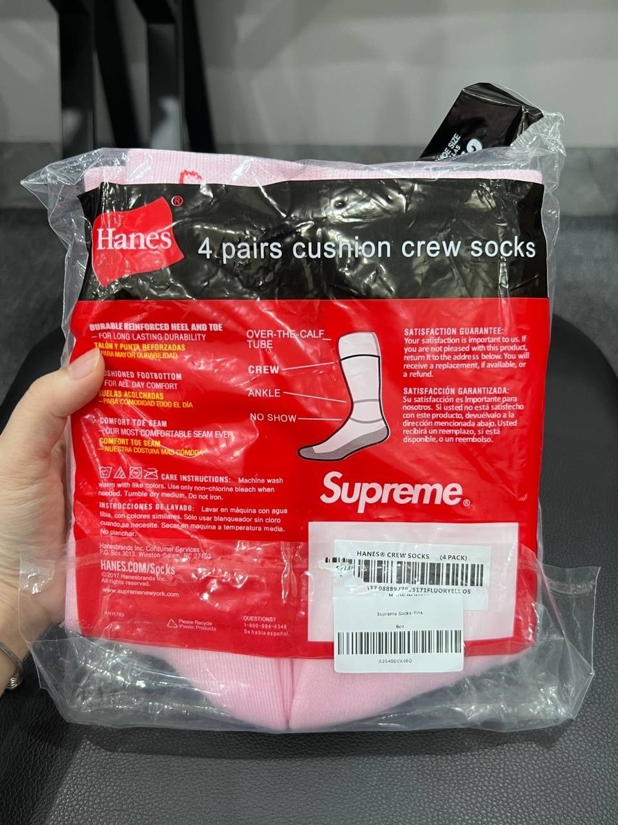 Authentic Supreme x Hanes Pink Crew Socks 4 Pack Size 6-12 NWT New