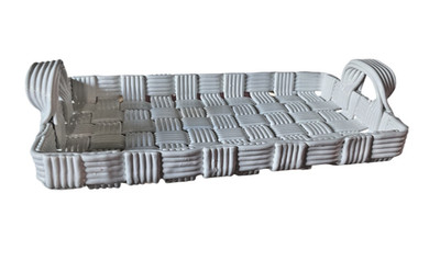 Vintage Italian White Woven Ceramic Basket Tray Handles Lattice Bread Fruit Dish
