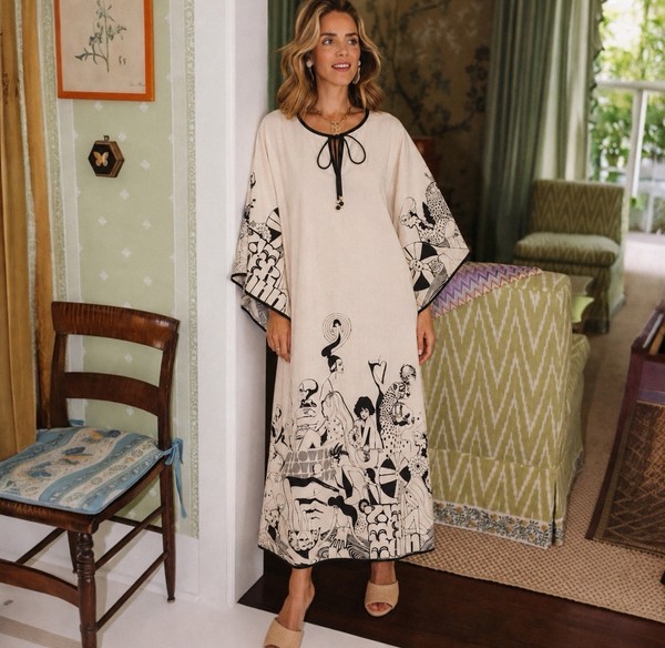 Zimmermann Maxine Kaftan Midi Dress Size 0 Oversized Cream Pop Art 