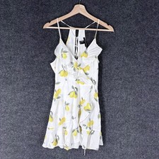 Forever 21 Dress Women S Small White Lemon Print Sheath Short V-Neck Tasseled