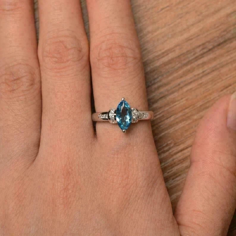 2.20Ct Marquise Cut Blue Topaz Women's Engagement Ring 14k White Gold Plated - Image 4 of 4